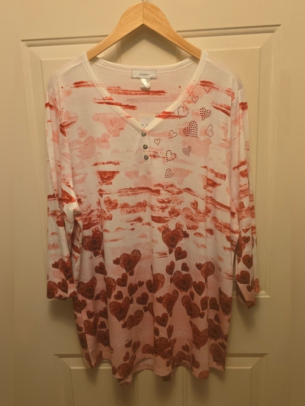 CJ Banks Heart Print Henley V-Neck Top